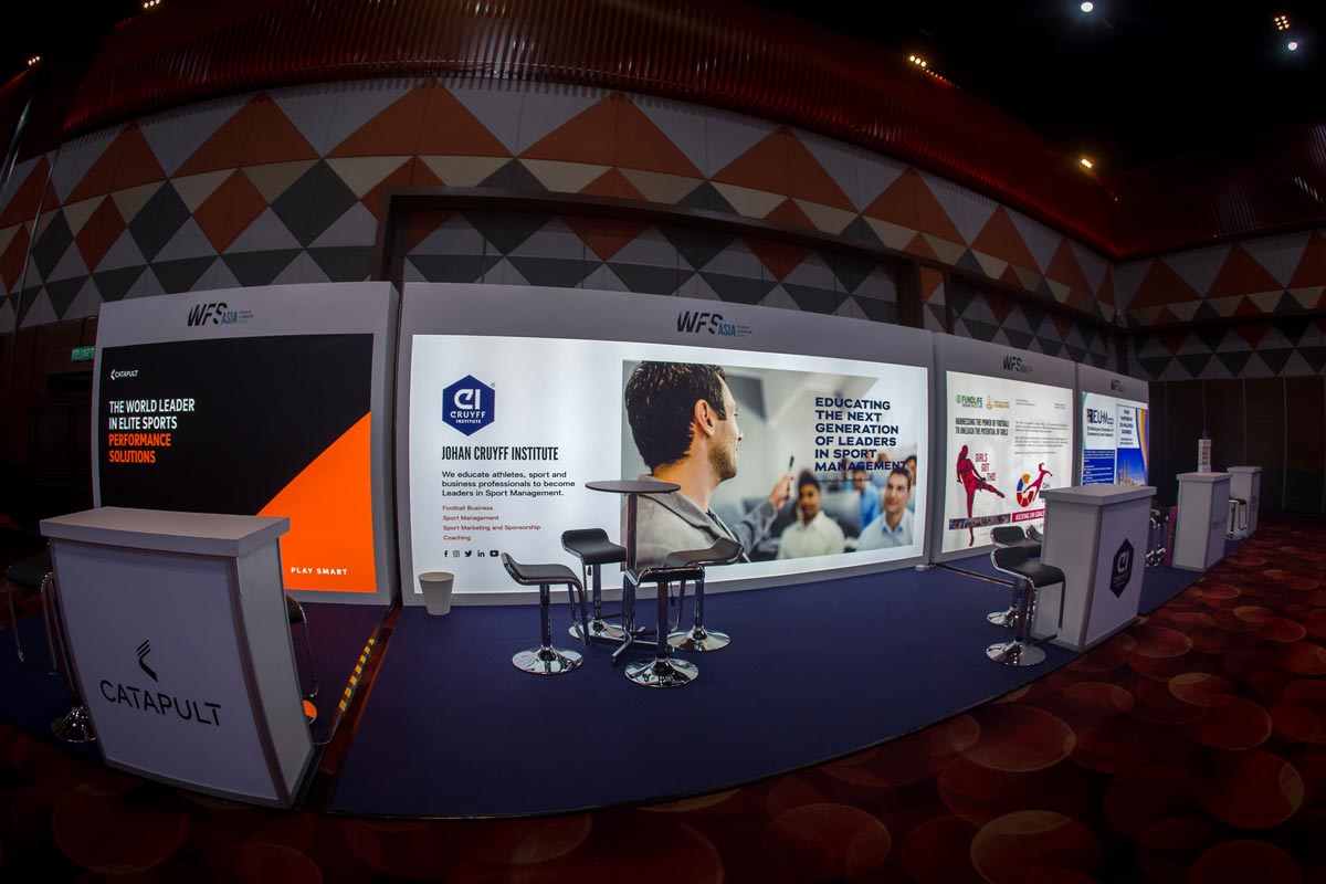 Stand of Johan Cruyff Institute at the World Football Summit Asia 2019 Expo Zone.