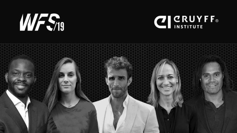 Louis Saha, Iván Alonso, Christian Karembeu, Shabnam Mobarez and Rebecca Smith, on the Johan Cruyff Institute panel at WFS 2019